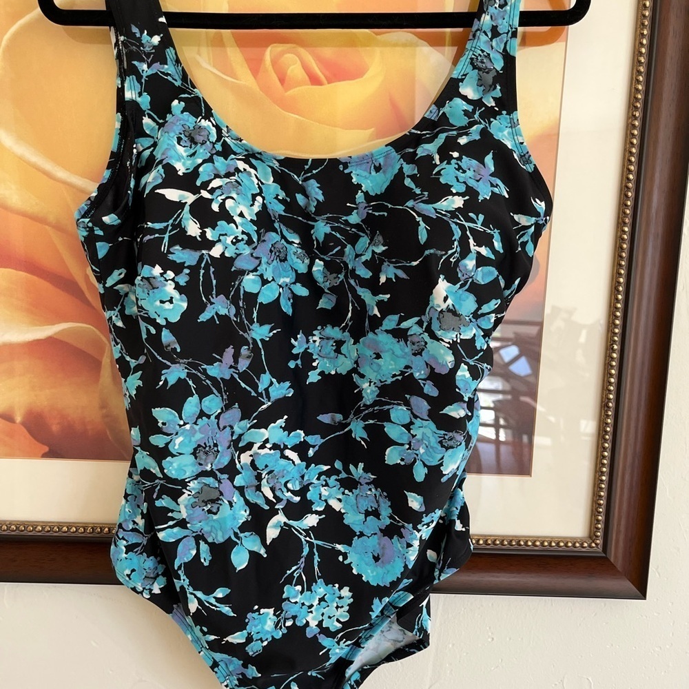 Swimsuits For All Black and Blue Floral One Piece and Sarong - Picture 2 of 10